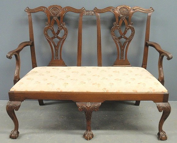 Philadelphia Chippendale style Centennial mahogany: Philadelphia Chippendale style Centennial mahogany settee with slip seat and ball & claw feet. 39"h.x50.5"w.x20"d., seat 18"h.