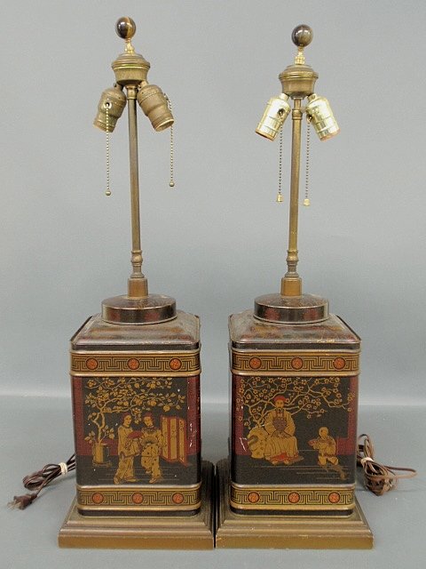 Pair of Tole decorated canister table lamps. 29"h.: Pair of Tole decorated canister table lamps. 29"h.