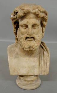 Carved marble bust of Zeus. As found. 14"h.: Carved marble bust of Zeus. As found. 14"h.