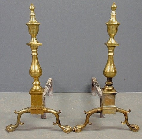 Large pair of Chippendale style brass andirons with: Large pair of Chippendale style brass andirons with ball & claw feet. 24"h.x13"w.x22"d.
