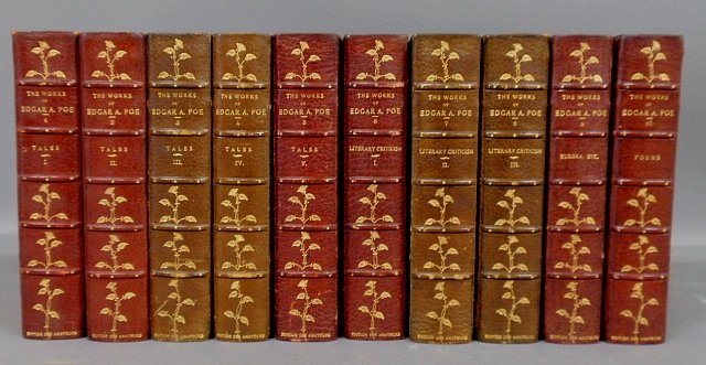 Books- 10 vol. embossed leather set The Works of Edgar: Books- 10 vol. embossed leather set The Works of Edgar A. Poe, Stillman and Woodbury, The Colonial Company Limited, 1903. 9"h.