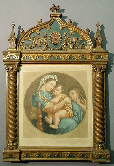 Framed print "Madonna Della Sedia", after a painting by: Framed print "Madonna Della Sedia", after a painting by Raphael and printed and pencil signed by F.G. Stevenson, and mounted in an ornate paint and gilt decorated carved frame. 31"x20.5"