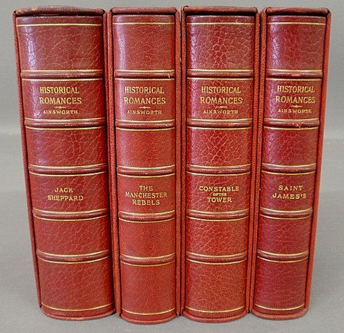 Books- 20 volume set, fine red leather-bound,: Books- 20 volume set, fine red leather-bound, Historical Romances, William Harrison Ainsworth, "The Connoisseur Edition, Limited to Twelve Copies, Number V, Issued to Ella Lewis Gibson", all with orig