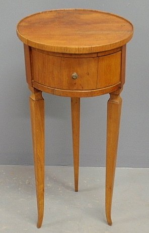Italian fruitwood diminutive one-drawer end table, 19th: Italian fruitwood diminutive one-drawer end table, 19th c., with a circular top. 29"h., top 13.5"dia.