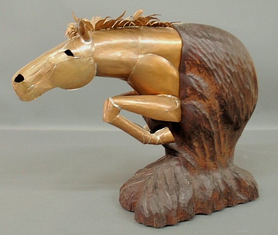 Contemporary copper and carved wood horse sculpture: Contemporary copper and carved wood horse sculpture signed "D.H. Troutman". 15"h.x21"l.