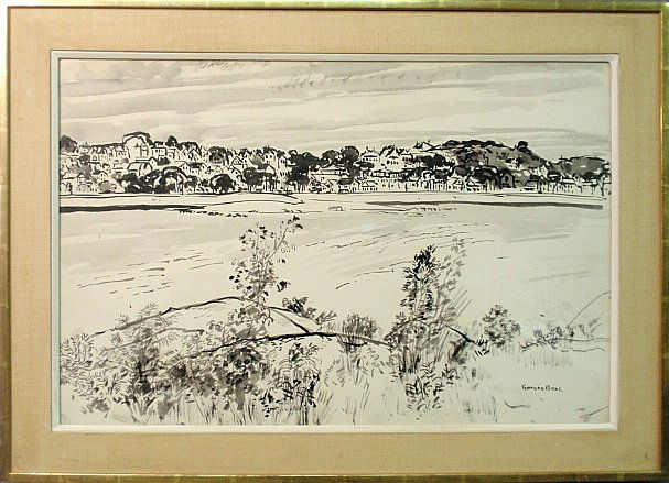 Beal, Gifford [American/New York, 1879-1956] framed and: Beal, Gifford [American/New York, 1879-1956] framed and matted black and white watercolor, pen and ink landscape drawing titled "Across the Harbor" and signed l.r. "Gifford Beal". 19"x29"