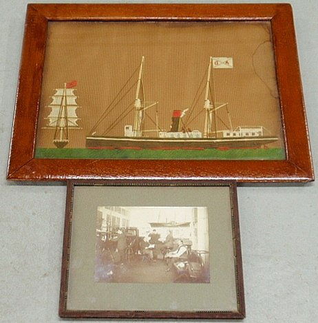 Frame woolwork of a steamship and square-rigger 15”x19.: Frame woolwork of a steamship and square-rigger 15"x19.5", c.1900, and a framed vintage photograph of a shipping company office with a paddlewheel ship model, 6"x8".