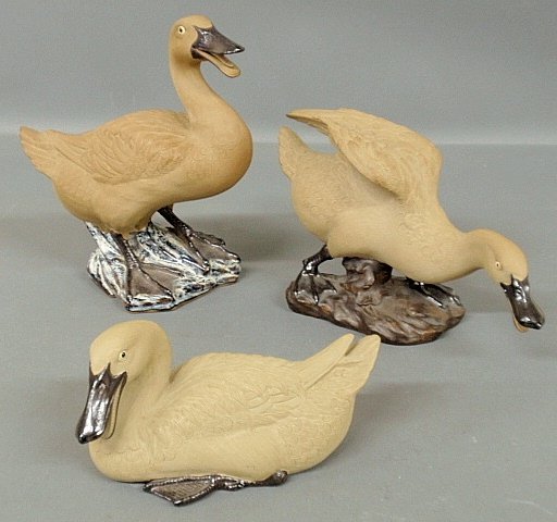 Three ceramic/composition ducks all marked "China”, lar: Three ceramic/composition ducks all marked "China", largest 10"h.x8"w.