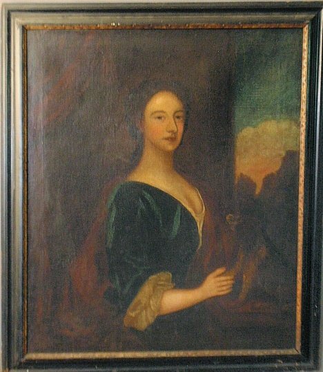 Fine early oil on canvas portrait identified as Mrs. El: Fine early oil on canvas portrait identified as Mrs. Elizabeth Stearne, Daughter of Alderman Timothy Tuckey of Cork, b.1660-d.1739, she is shown wearing a blue dress and holding a small dog, and paint