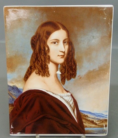 KPM painted on porcelain portrait of a young girl, vers: KPM painted on porcelain portrait of a young girl, verso "Friederike von Gumpenberg". As found. 11"x8.5"