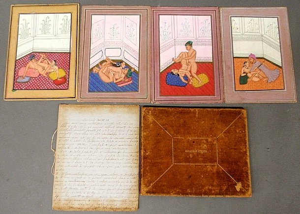 Leather cased journal, Jonathan Curtis, with four eroti: Leather cased journal, Jonathan Curtis, with four erotic Kama sutra paintings, 10"x7"
