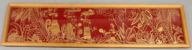 Framed gilt drawing on red glass six-panel Polynesian: Framed gilt drawing on red glass six-panel Polynesian tableau. 18.5"h.x71"l.
