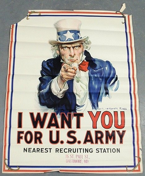 World War I poster- Uncle Sam “I Want You”, James Montg: World War I poster- Uncle Sam “I Want You”, James Montgomery Flagg, 1917, Leslie Judge. 40”x30”