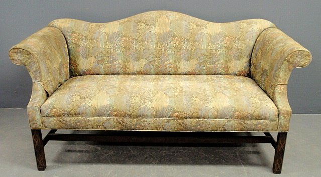 Chippendale style camelback sofa by Kittinger with: Chippendale style camelback sofa by Kittinger with blind fretwork carved legs. 34"h.x65"w.x27"d., seat 18"h.