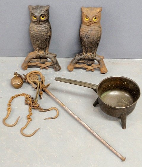 Group of metalware-bronze posnet, late 18th c., 6"h.,: Group of metalware-bronze posnet, late 18th c., 6"h., mixed metal balance 29"l. and a pair of owl form andirons, 19th c., 15.5"h.
