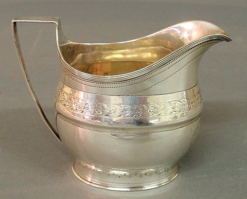Delicate George III silver cream pitcher by Peter and: Delicate George III silver cream pitcher by Peter and Jonathan Bateman, 1802, London, monogramed. 3.75"h.x5"w.