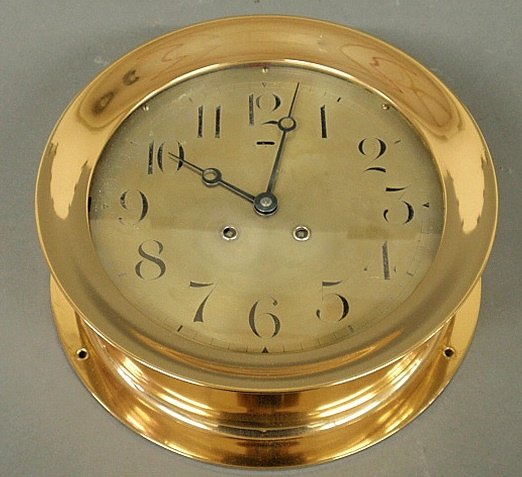 Brass ships clock "Ship's Bell", by Chelsea Clock Co.,: Brass ships clock "Ship's Bell", by Chelsea Clock Co., Boston, Pat., December 31, 1901. Pat. No. 689699, serial # 659613 and retailed by Riggs & Brother. 3.75"h. x10"dia.