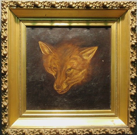 Oil on canvas portrait of a fox, mounted in an ornate: Oil on canvas portrait of a fox, mounted in an ornate gilt frame. 12.5x12.5""