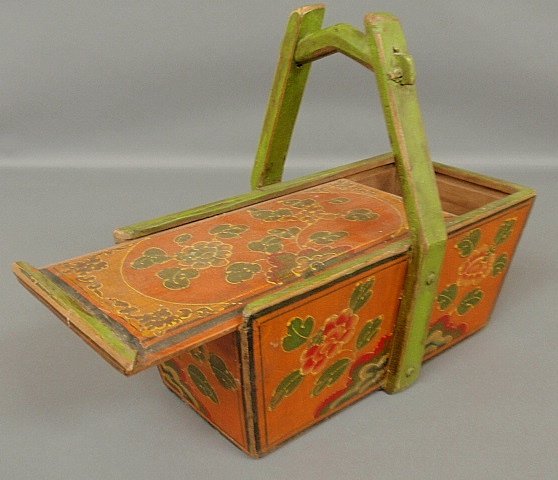 Continental slide-lid box, 19th c., with original paint: Continental slide-lid box, 19th c., with original paint and floral decoration. 14.5h.x15"w.x8"d."