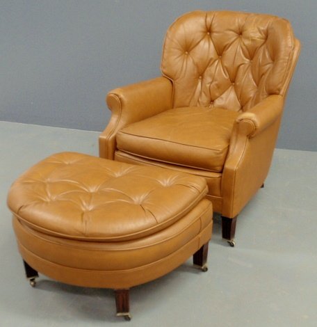 Chippendale style leather tub chair and matching: Chippendale style leather tub chair and matching footstool. 34h.x27"w.x32"d., seat 17"h."