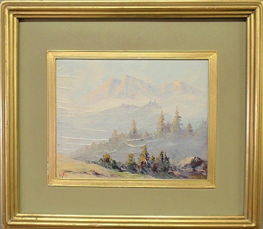 Dahlager, Jules Bernard [American/Alaska, 1884-1952]: Dahlager, Jules Bernard [American/Alaska, 1884-1952] oil on board landscape painting of snowcapped Alaskan mountains signed l.l. ÒJules D. Ô35 and titled verso ÒMorning Mists at Cordova, Alaska" an