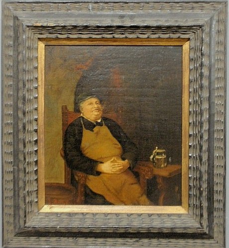 Durham, John [Canadian, 19th c.] oil on canvas portrait: Durham, John [Canadian, 19th c.] oil on canvas portrait of a seated man, 19th c., wearing an apron, smoking and with a stein of beer on the table, signed l.l. ÒJ. Durham 189?. 14"x12""