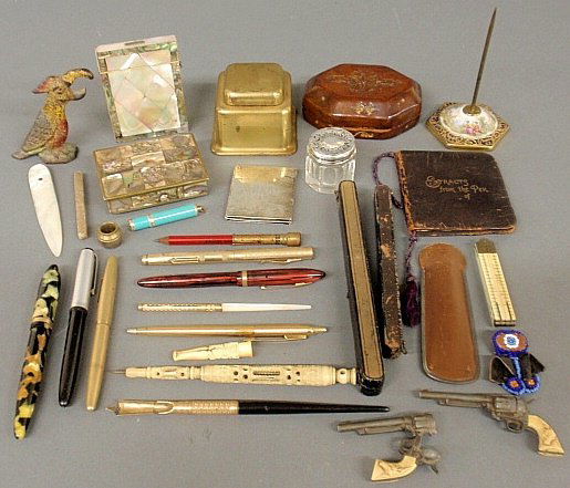 Group of vintage desk accessories, etc., to incl. pens,: Group of vintage desk accessories, etc., to incl. pens, mother-of-pearl letter opener, brass inkwell, sterling silver frame, etc.