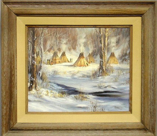 Flitner, David [American/Arizona, b.1949] oil on canvas: Flitner, David [American/Arizona, b.1949] oil on canvas Western woodland snow scene with American Indians and teepees, signed l.r. ÒFlitner Ô84. 19.5"x23.25""