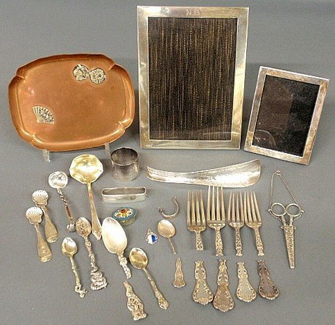 Group of sterling silver articles to incl. misc.: Group of sterling silver articles to incl. misc. flatware, picture frames, shoe horn, and a Gorham dish 7.5l."