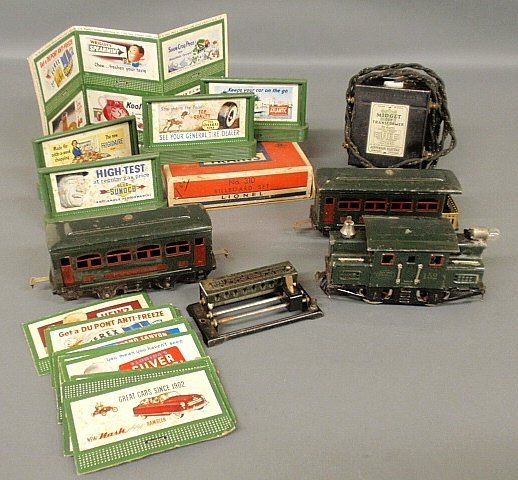 Lionel train set- engine #152, observation car #630,: Lionel train set- engine #152, observation car #630, Pullman #629, rheostat #81, transformer, billboard set #310 with original box.