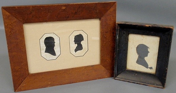 Two cut-out silhouettes, early 19th c., mounted: Two cut-out silhouettes, early 19th c., mounted together in a bird's-eye maple frame 10x13" overall, tog. w/another single example."