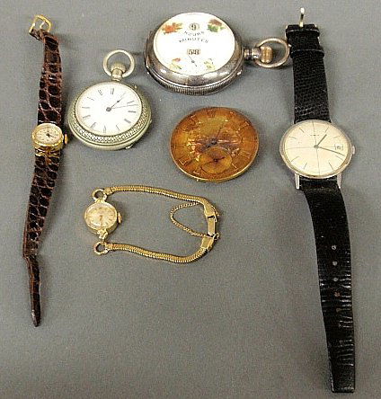 Group of wrist and pocket watches- ladies 18k Rolex,: Group of wrist and pocket watches- ladies 18k Rolex, ladies 14k Girard Perregaux, Swiss, Gubelin wristwatch, sterling silver pocket watch ÒAutomatic W. Co. 2" dia. dated 1885, Longines pocket watch a