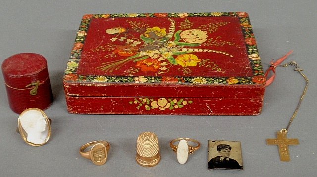 Group of jewelry and accessories- 14k signet ring,: Group of jewelry and accessories- 14k signet ring, cameo ring, white stone and gold ring, thimble, etc.