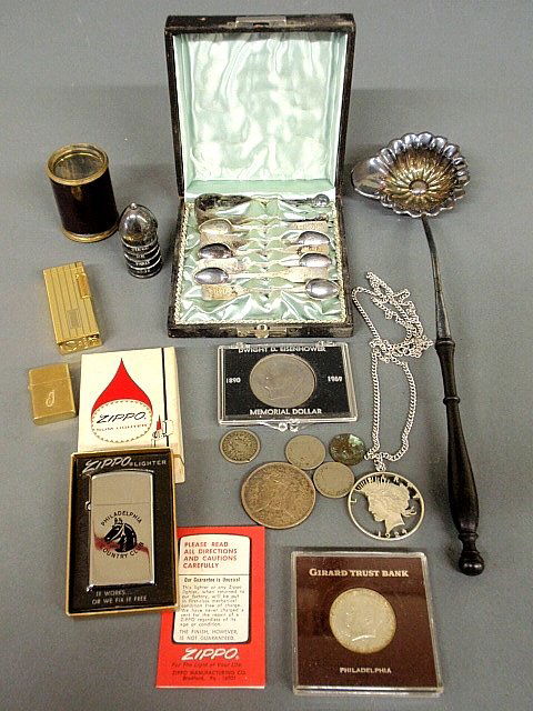 Misc. grouping to incl. a small cased set of coin: Misc. grouping to incl. a small cased set of coin silver demitasse spoons & tongs, ebony handled silver ladle, vesta, lighters, etc.