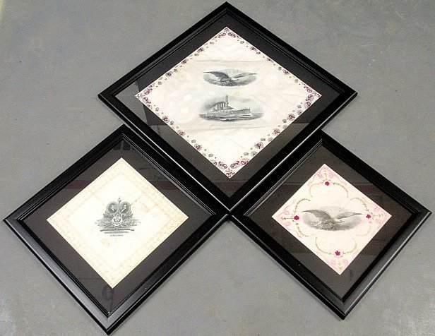 Large framed and matted printed on silk handkerchief of: Large framed and matted printed on silk handkerchief of the USS San Diego- Panama-California Exposition 1915. 16"x16" and 2 smaller examples, one Centennial Exposition, Portland, Oregon 1905 and anoth