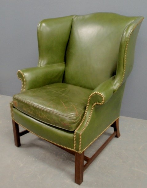Vintage Kittinger Chippendale style mahogany and green: Vintage Kittinger Chippendale style mahogany and green leather wing chair. 40"h.x33"w.x34"d., seat 19"h.