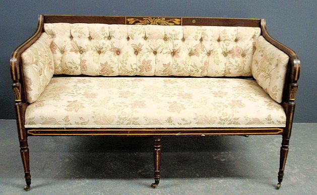 Pair of Sheraton style paint decorated rosewood: Pair of Sheraton style paint decorated rosewood upholstered settees, c.1880. 33"h.x56.5"w.x26"d., seats 19"h.