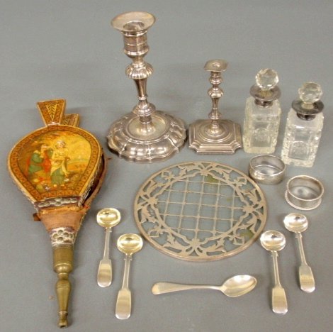 Misc. group of silver table articles to incl. English: Misc. group of silver table articles to incl. English silver candlesticks, tallest 6.75"h., napkin rings, silver-topped dresser bottles, 5 salt spoons, etc. and pair of small paint decorated bellows.