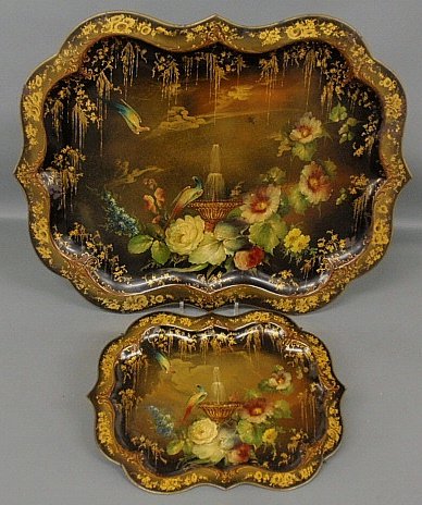 Two fine matching Tole trays decorated with fountain,: Two fine matching Tole trays decorated with fountain, birds and flowers, 27.5"x21" and 15"x12"