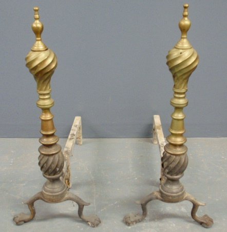 Large pair of Chippendale style brass andirons with: Large pair of Chippendale style brass andirons with ball & claw feet. 23.5"h.x10"w.x20"d.