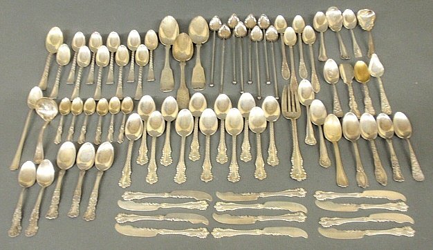 Large group of sterling silver spoons and other: Large group of sterling silver spoons and other flatware by various makers and in various patterns. 61 troy oz.