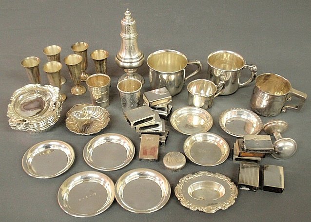 Group of sterling silver tableware and accessories TI: Group of sterling silver tableware and accessories TI baby cups, nut dishes matchbox covers, etc. 36 troy oz.