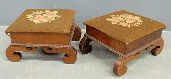 Pair of empire mahogany footstools with floral: Pair of empire mahogany footstools with floral needlepoint tops. 8.5"h.x13"x13"