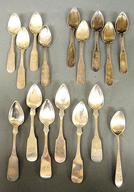 Group of coin silver teaspoons- 6 by T.J. Brown,: Group of coin silver teaspoons- 6 by T.J. Brown, Balt.1825, 6.5"l., 10 by Sam'l Richards, Phila., 1793, 4 by John and Robert Monteith, Balt. 1822, and 5 marked C&N.