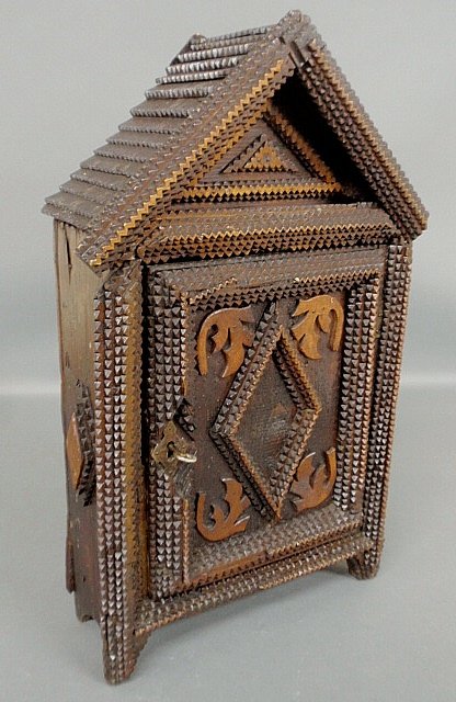 Small Gothic form Tramp Art tabletop cupboard.: Small Gothic form Tramp Art tabletop cupboard. 21"h.x13"w.x15"d.