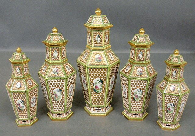 Fine five-piece Meissen porcelain garniture set,: Fine five-piece Meissen porcelain garniture set, c.1800, each of hexagonal form, the panels with floral and landscape motifs, and with covers with gilt finials, tallest 12.75"h.x5"w.x5"d., medium- 10.