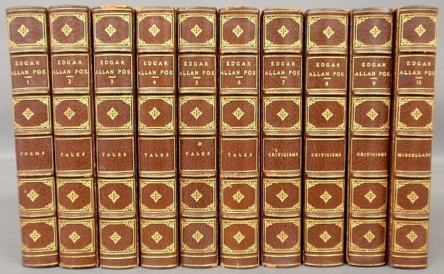 Books- Complete set of ten volumes of works by Edgar Al: Books- Complete set of ten volumes of works by Edgar Allen Poe, New York, c.1905, 8-vo, three-quarter Morocco. Some wear at joints. 8.5"x6" each