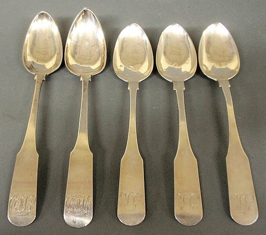 Five coin silver tablespoons- three by General James: Five coin silver tablespoons- three by General James Wolf, Wilmington, Del. c.1822, 9"l., and two 9.5"l., by Henry J. Pepper, Wilmington, Del.