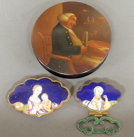 Enameled and brass chatelaine keeper, 2.5”x2”, of a no: Enameled and brass chatelaine keeper, 2.5”x2”, of a noblewoman holding a rose and a matching buckle with a noblewoman holding a baby, 3”l., and a round English lacquerware box.