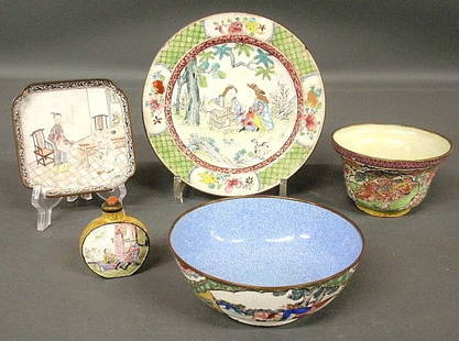 Five pieces of early colorful cloisonne TI bowl 3"h. &: Five pieces of early colorful cloisonne© TI bowl 5"dia.x3"h., a plate 7"dia., small bowl 5"dia., small square dish 4"x4" and a snuff bottle 2.5"h..